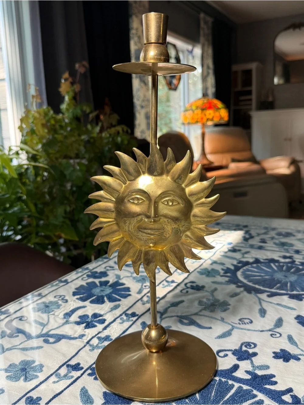 VTG Pier 1 Celestial Brass SunFace Candlestick Holder Taper Gold Whimsical Metal